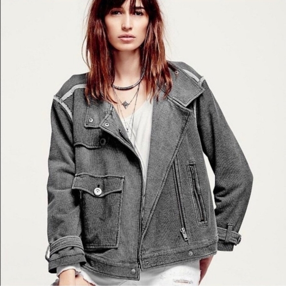 Free People Jackets & Blazers - Free People Small Railroad Stripe Moto Jacket Gray Black Top Zip V Neck Coat
